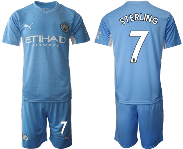 Men's Manchester City #7 Raheem Sterling 2021/22 Blue Home Soccer Jersey with Shorts